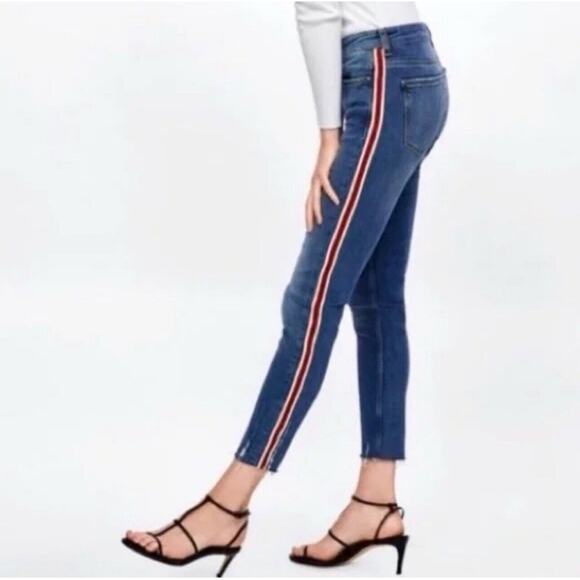 Zara Basic Distressed Jeans 8 Raw Cuff Cropped Red Tuxedo Stripe Stretch Skinny - Picture 10 of 10